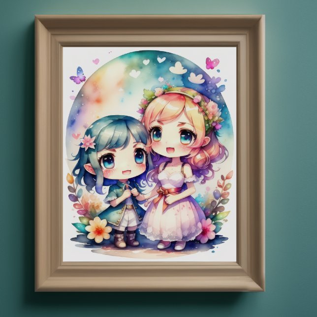 Poster Aquarelle Peinture de Kawaii Chibi 2 Female II (Créateur téléchargé)