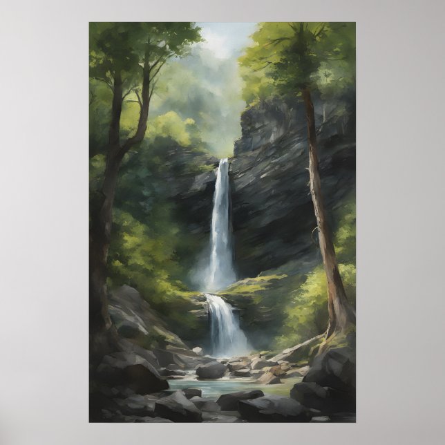 Poster Aquarelle peinture de la cascade Nature (Devant)