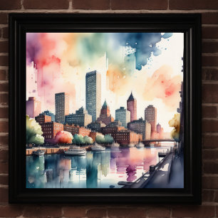 Poster Aquarelle Peinture de la ville avec rivière