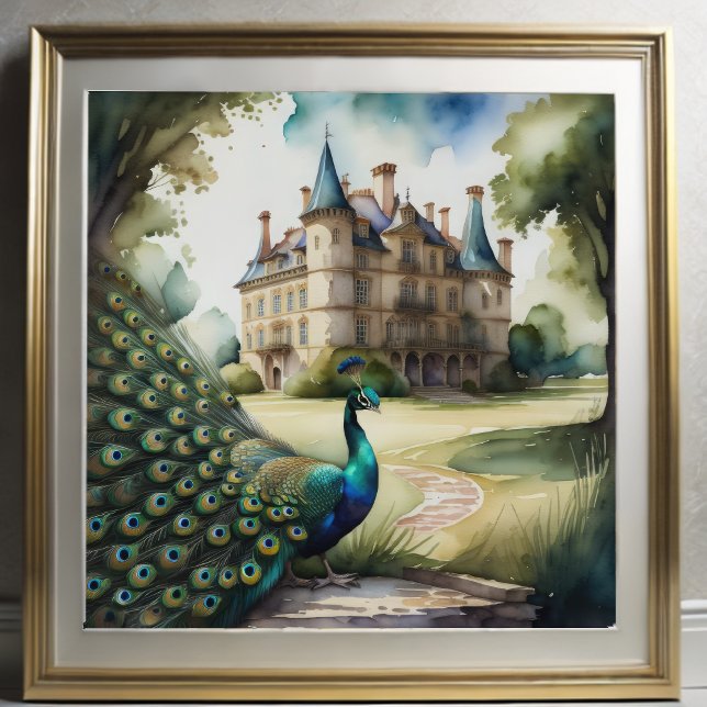Poster Aquarelle Peinture de Peacock et Château 1:1 (Créateur téléchargé)