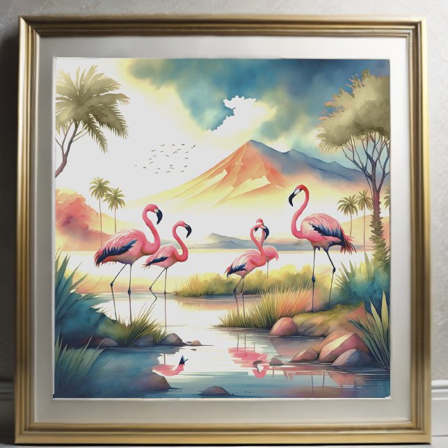 Poster Aquarelle Peinture de troupeau de Flamants roses 1 (Créateur téléchargé)