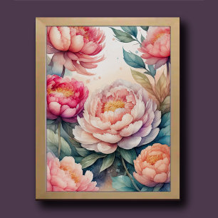 Poster Aquarelle Peinture des pivoines roses III