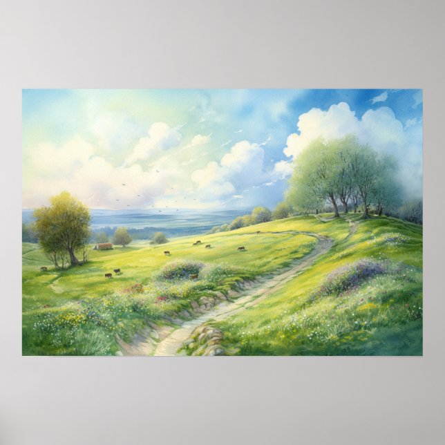 Poster Aquarelle peinture du sentier du pâturage au somme (Devant)