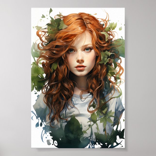 Poster Aquarelle Peinture D'Une Fille Rouge Haïrée (Devant)