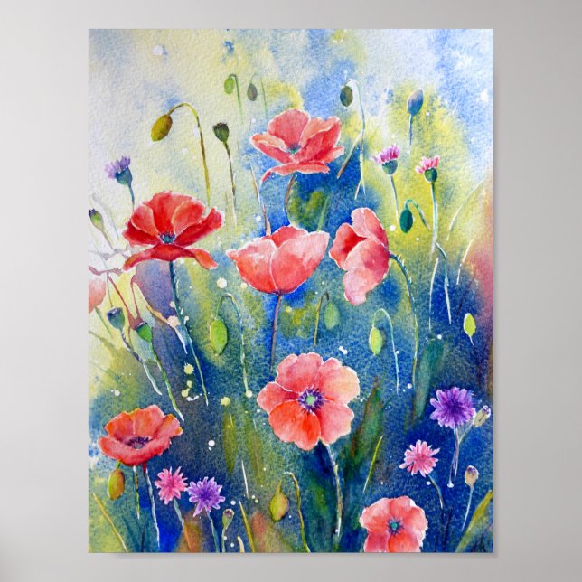 Poster Aquarelle Peinture Poppies rouges (Devant)
