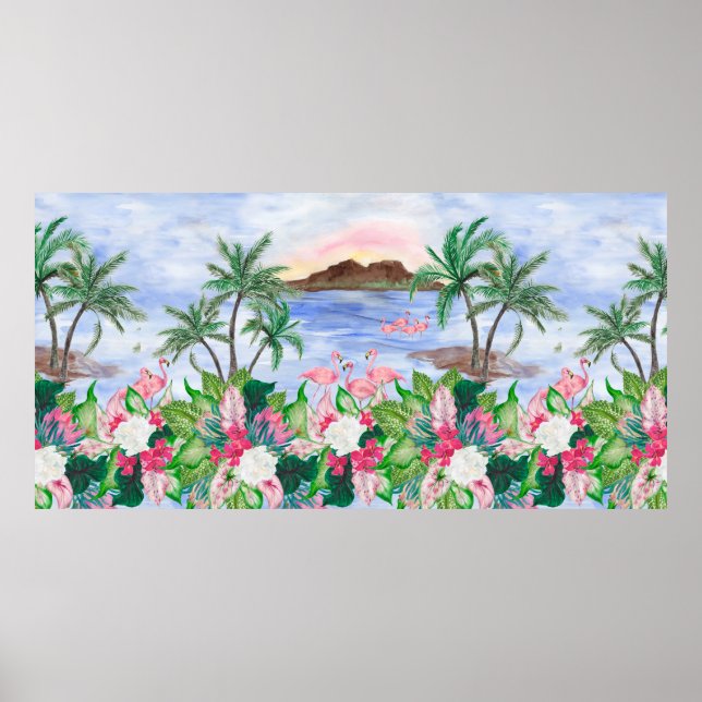 Poster Aquarelle peinture sans couture motif avec hawaïen (Devant)