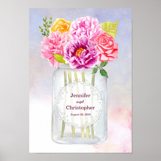 Poster Aquarelle Peonies Rose Rustic Mason Jar Mariage (Devant)