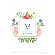 Aquarelle Peony Flowers avec Or et Monogramme