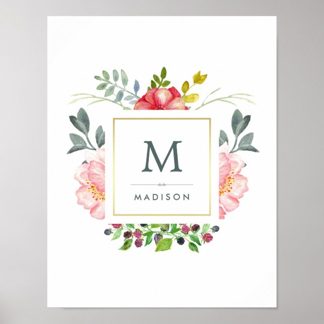 Poster Aquarelle Peony Flowers avec Or et Monogramme (Devant)