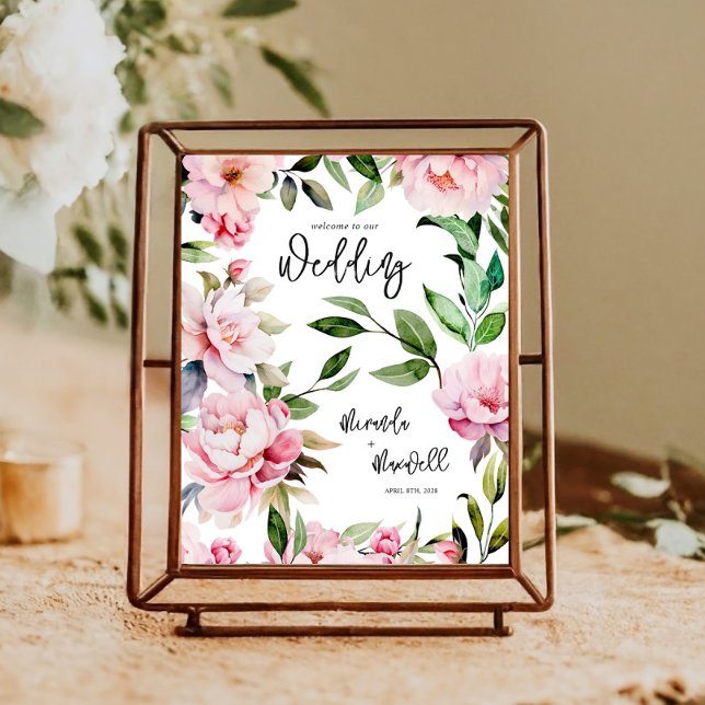 Poster Aquarelle Peony Magnolia Mariage rose Bienvenue (Créateur téléchargé)