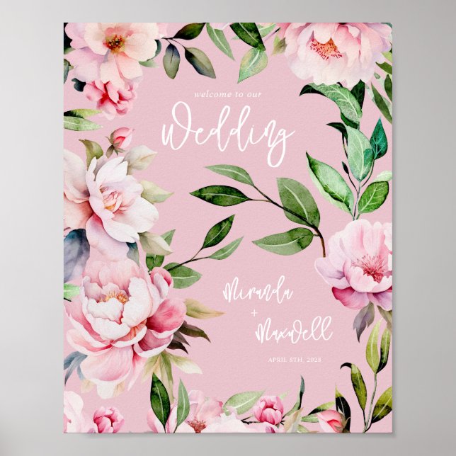 Poster Aquarelle Peony Magnolia Mariage Welcome Pink (Devant)