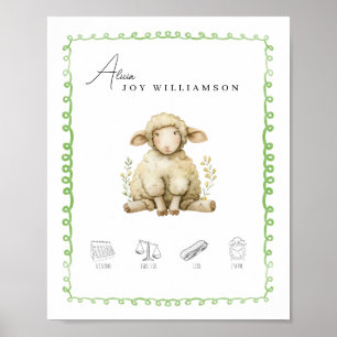 Poster Aquarelle personnalisable Lamb Détails de naissanc