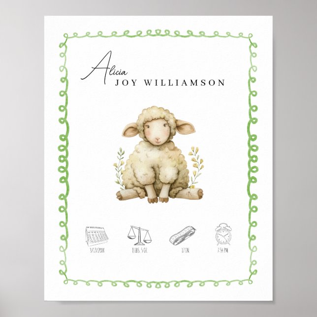 Poster Aquarelle personnalisable Lamb Détails de naissanc (Devant)
