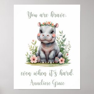 Poster Aquarelle personnalisée Hippo Girl Safari Nursery