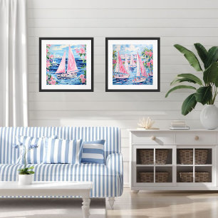 Poster Aquarelle Pink Sailboat Carré bleu côtier