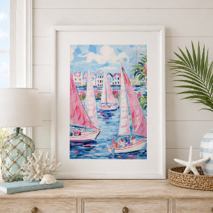 Poster Aquarelle Pink Sailboats Côtier tropical