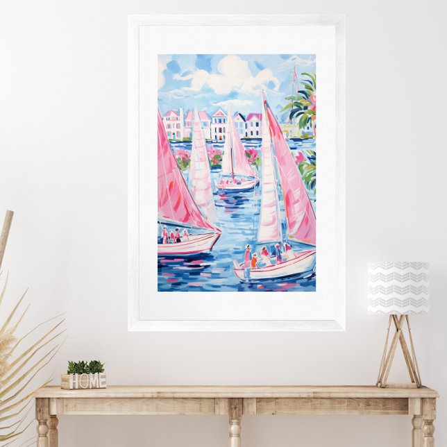 Poster Aquarelle Pink Sailboats Côtier tropical (Créateur téléchargé)