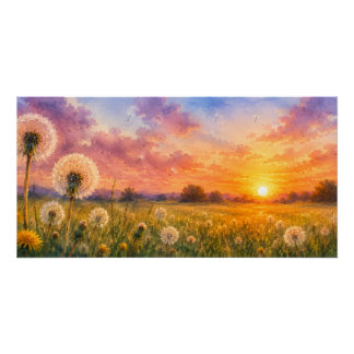 Poster Aquarelle Pissenlits au Paysage de Prairie au Couc