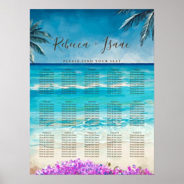 Poster Aquarelle Plage Bleu Océan Mariage Carte de siège (Devant)