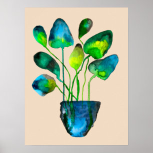 Poster Aquarelle plante art vert et bleu abstrait