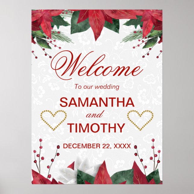 Poster Aquarelle Poinsettia Noël Mariage d'hiver (Devant)