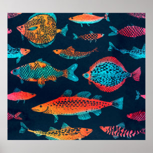 Poster Aquarelle Poissons : Bleu Profond Sans Mer