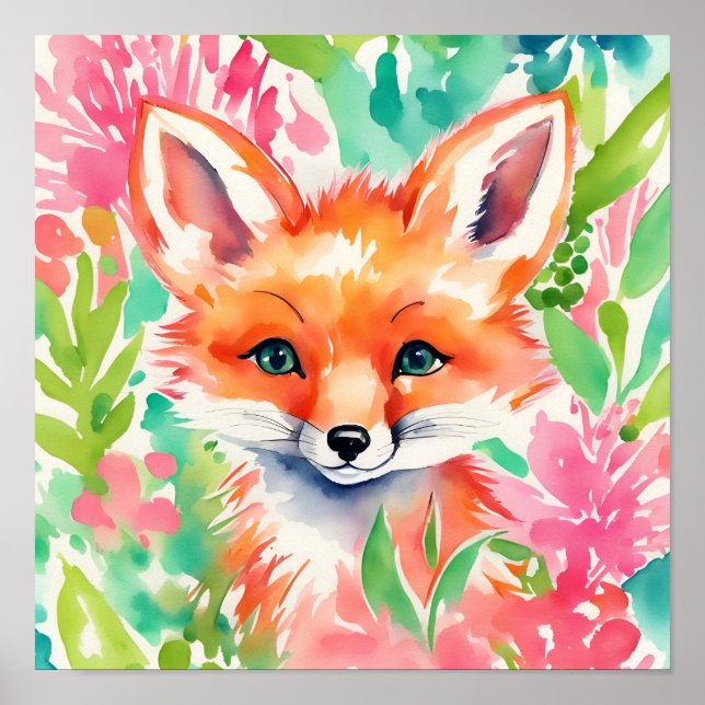 Poster Aquarelle Preppy Palm Beach Fox en fleurs (Devant)