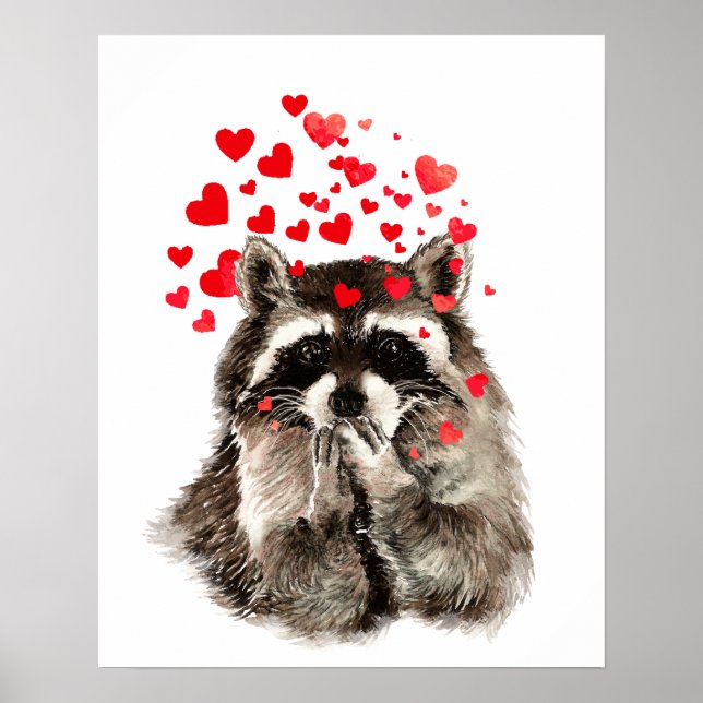 Poster Aquarelle Raccoon Baisers Amour Amoureux Funny Coe (Devant)