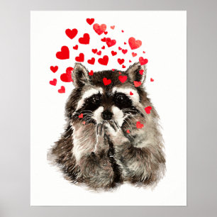 Poster Aquarelle Raccoon souffler Baisers Amusant Art ani