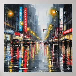 Poster Aquarelle Rainy City Street