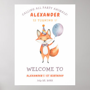 Poster Aquarelle Renard Mignon 1er Anniversaire 