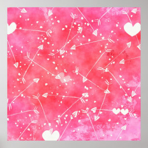 Poster Aquarelle romantique Coeurs et flèches roses Motif