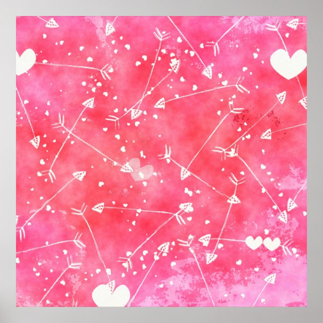 Poster Aquarelle romantique Coeurs et flèches roses Motif (Devant)