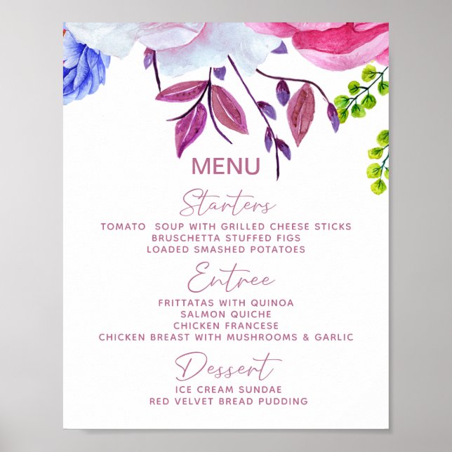 Poster Aquarelle Romantique Floral Mariage Menu Panneau T (Devant)