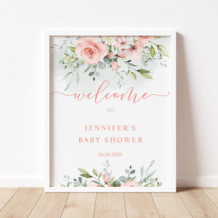 Poster Aquarelle rose baby shower floral signe de bienven