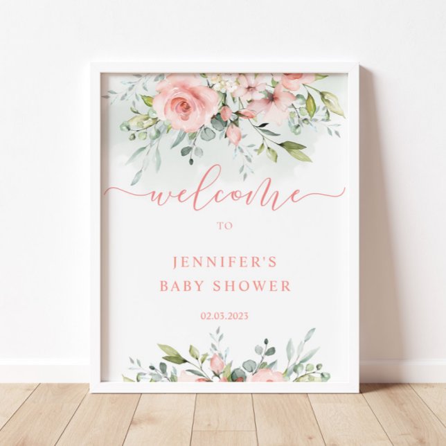 Poster Aquarelle rose baby shower floral signe de bienven (Créateur téléchargé)