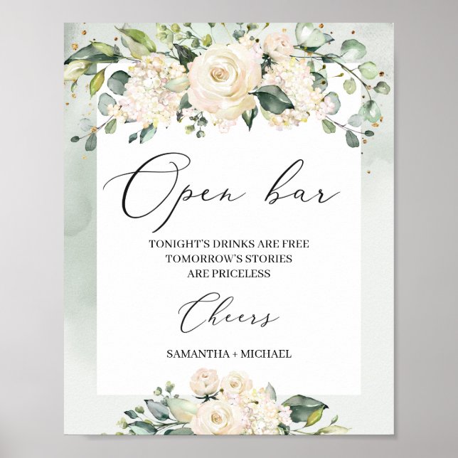 Poster Aquarelle rose blanche roses verdure feuillage boh (Devant)