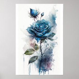 Poster Aquarelle Rose Bleu Charme