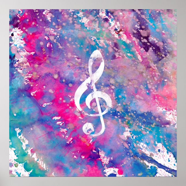 Poster Aquarelle rose bleu Paint Music Note Acier Clef (Devant)