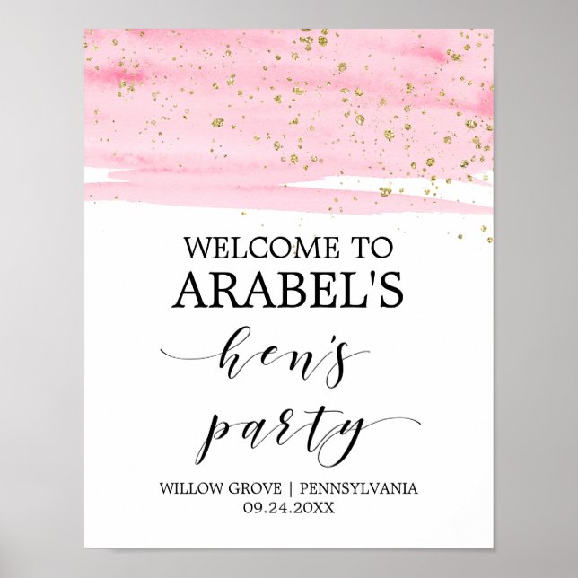 Poster Aquarelle rose Blush & Gold Hen's Party Welcome (Devant)