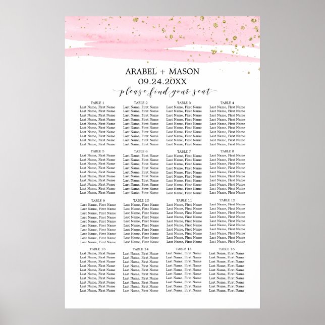 Poster Aquarelle Rose Blush & Gold Mariage Carte de siège (Devant)
