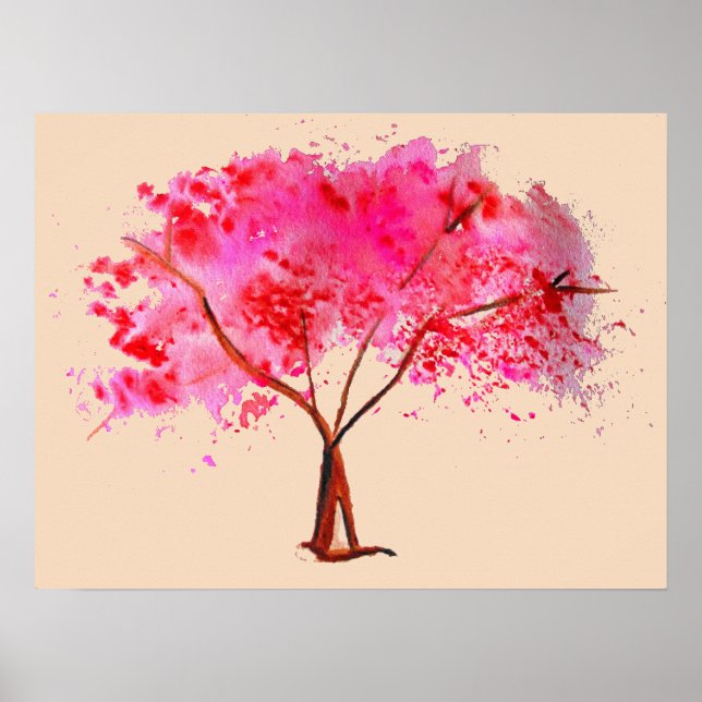 Poster Aquarelle rose cerisier fleuri (Devant)