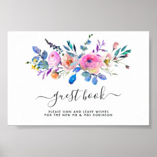 Poster Aquarelle rose-chaud Floral Mariage livre d'hôtes