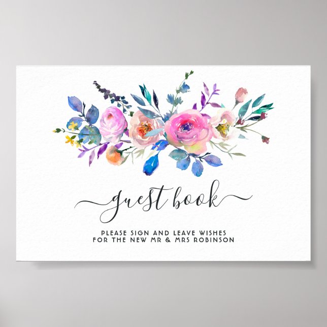 Poster Aquarelle rose-chaud Floral Mariage livre d'hôtes (Devant)