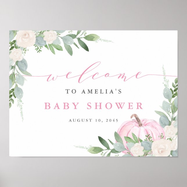Poster Aquarelle rose Citrouille vert Baby shower d'autom (Devant)