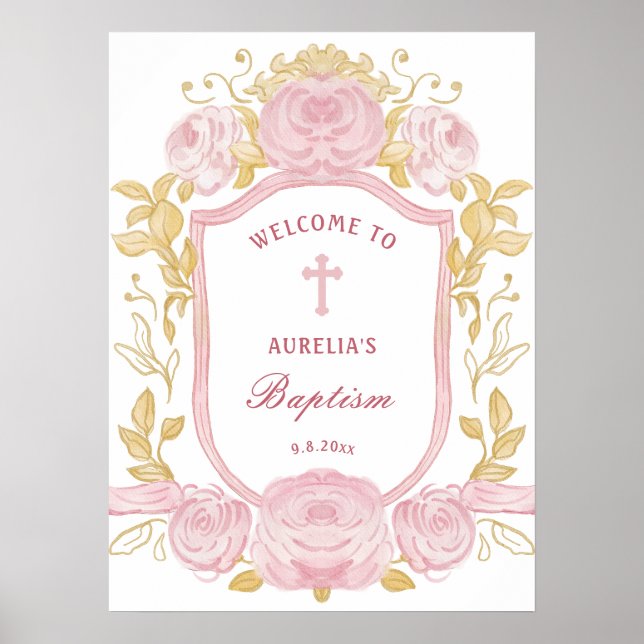 Poster Aquarelle Rose Crest Baptême Bienvenue (Devant)