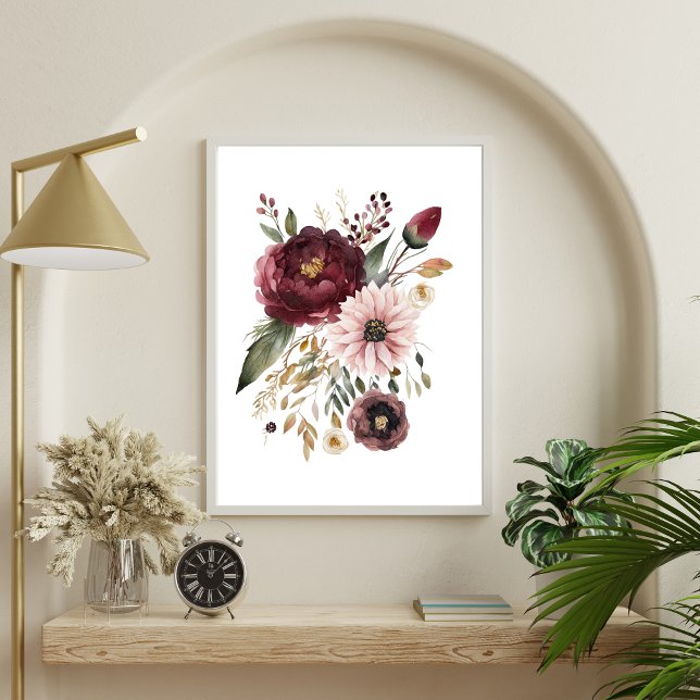 Poster Aquarelle rose du Maron Burgundy Botanique Florale (Burgundy Maroon Blush Pink Watercolor Floral Botanical Poster)