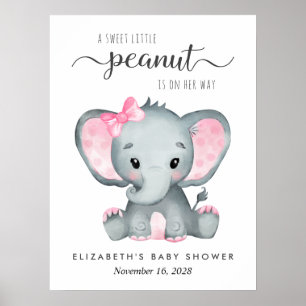 Poster Aquarelle rose éléphant Bébé fille Douche Bienvenu