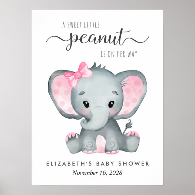 Poster Aquarelle rose éléphant Bébé fille Douche Bienvenu (Devant)