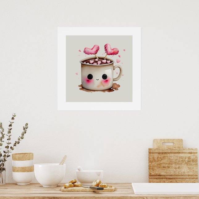 Poster Aquarelle rose et crème mignonne Chocolat chaud Mu (Cuisine)